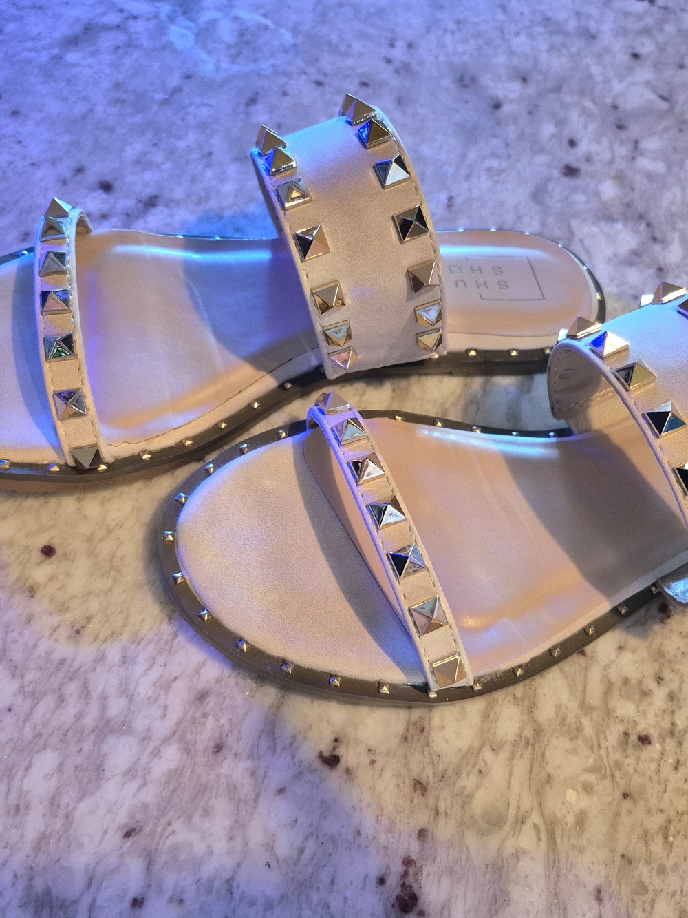 Like New Gold Studded Two-Strap Slide Sandals - Cream Nude Color - Picture 3 of 5